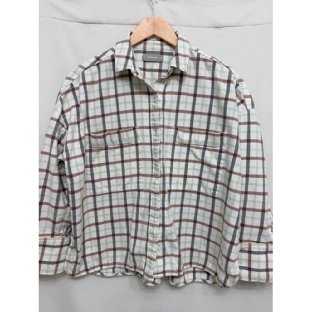 Everlane Women Plaid Flannel Button Down Shirt Brown Green Size M Drop Shoulder